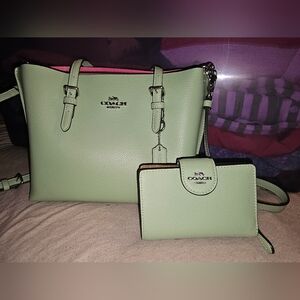 Coach Green Leather Tote and Wallet Set